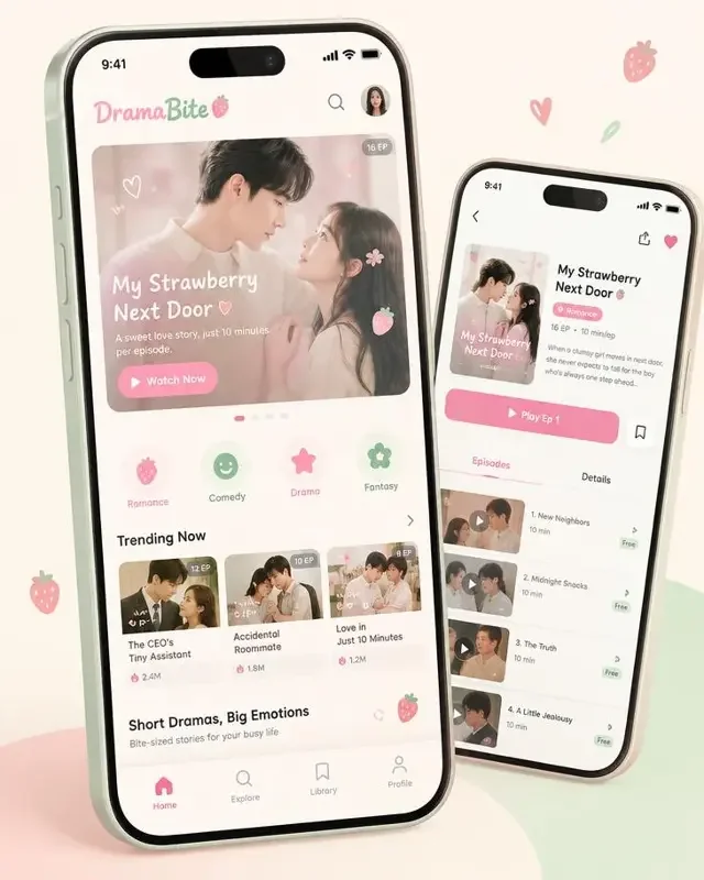 精选短剧 APP 界面展示，甜美粉绿配色短剧播放页面